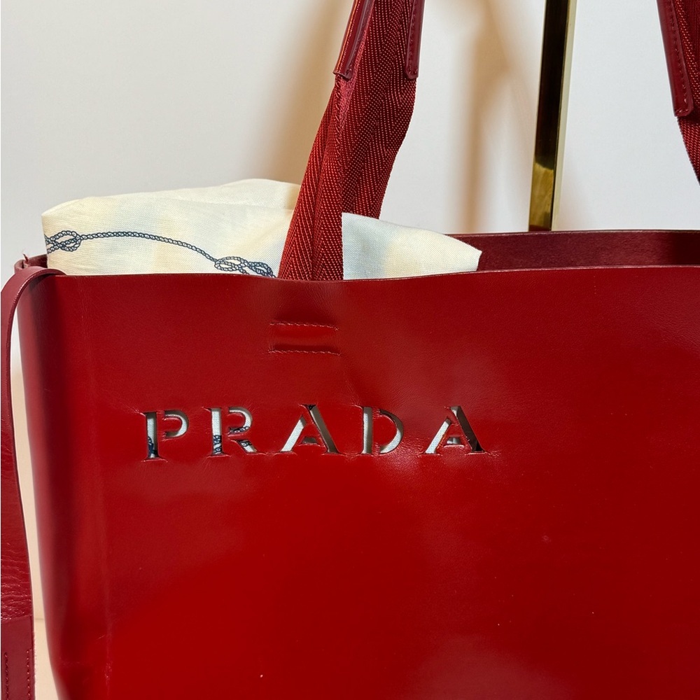 Prada Red Leather Tote Bag w/ Pouch - Picture 2 of 13